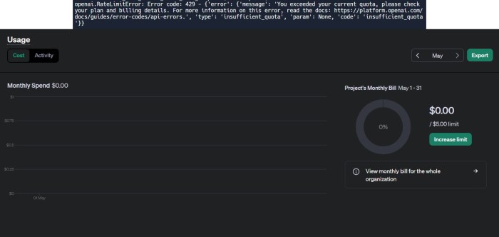 Error: You exceeded your current quota, please check your plan and ...