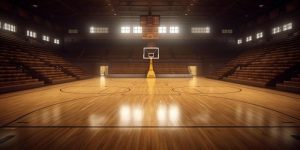 Stadium basketball court with wood floor and bleachers with . 23846772 ...