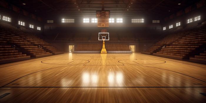 Stadium basketball court with wood floor and bleachers with . 23846772 ...